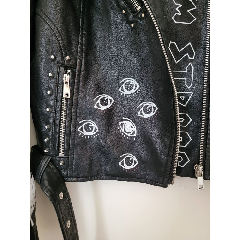 BLUE B Black Vegan Leather Graffiti Punk Moto Jacket w/Studded Accents Size S - Picture 9 of 13